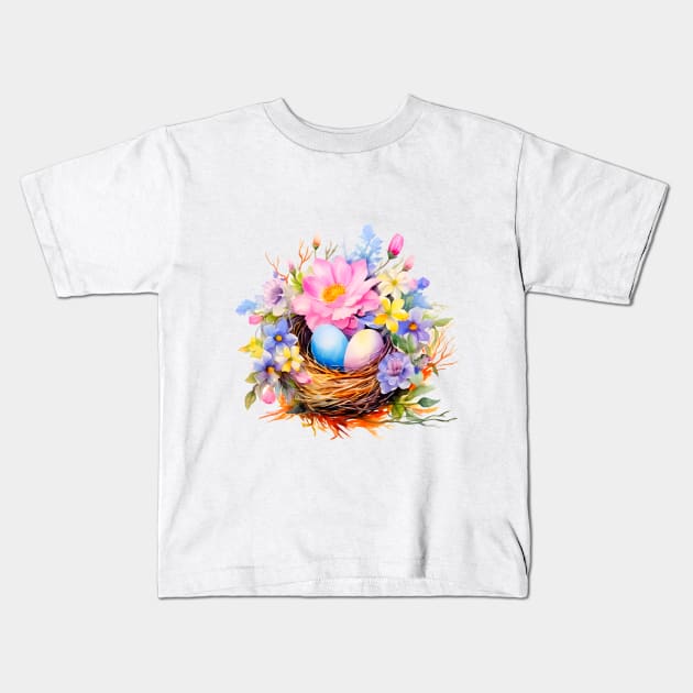 Nest of bird with eggs and flowers Kids T-Shirt by linasemenova